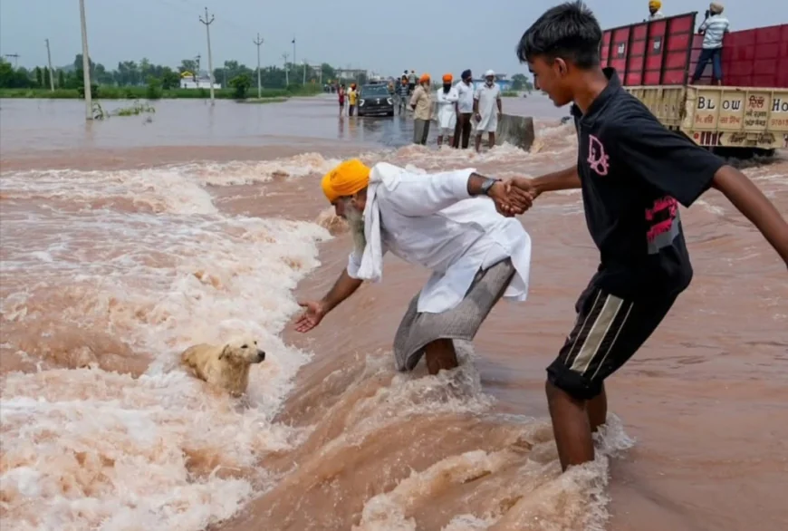बाढ़ के तबाही के बीच मानवता की असली मिसाल पेश करते हुए....