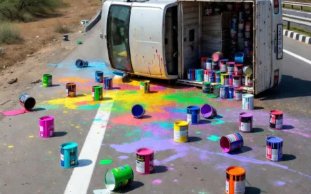 जयपुर: हरमाड़ा हाईवे पर कलर के डिब्बों से लदी पिकअप अनियंत्रित होकर पलटी, सड़क पर फैला रंग, ट्रैफिक जाम से हाहाकार