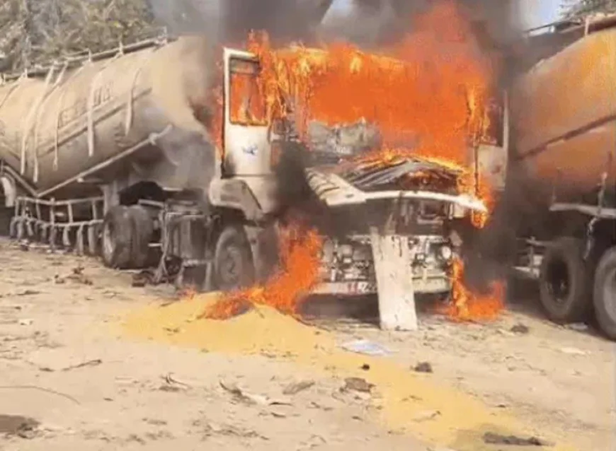 कोटा में बड़ा हादसा टला: पेट्रोल पंप से महज 300 मीटर दूर राख के टैंकर में भीषण आग, पास के धान लदे ट्रक की त्रिपाल भी जली