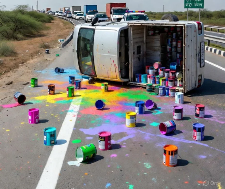 जयपुर: हरमाड़ा हाईवे पर कलर के डिब्बों से लदी पिकअप अनियंत्रित होकर पलटी, सड़क पर फैला रंग, ट्रैफिक जाम से हाहाकार