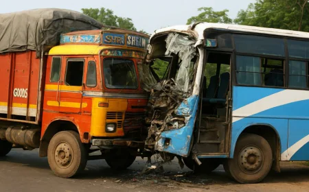 बालेसर: NH-125 पर कुई जोधा गांव में ट्रक से टकराई निजी बस, बस कंडक्टर घायल
