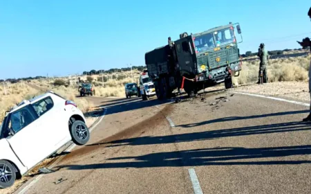 जैसलमेर-लोंगेवाला मार्ग पर भीषण सड़क हादसा: सेना के ट्रक से स्विफ्ट कार की आमने-सामने टक्कर में हवलदार राजविंदर सिंह की मौत, कार पिचक गई, 2 घंटे की मशक्कत के बाद क्रेन से निकाला शव