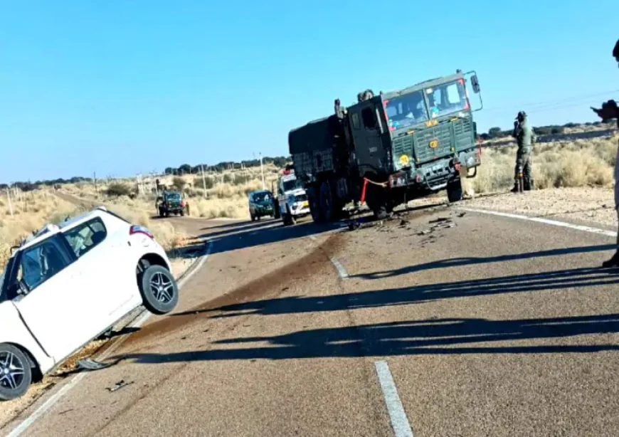 जैसलमेर-लोंगेवाला मार्ग पर भीषण सड़क हादसा: सेना के ट्रक से स्विफ्ट कार की आमने-सामने टक्कर में हवलदार राजविंदर सिंह की मौत, कार पिचक गई, 2 घंटे की मशक्कत के बाद क्रेन से निकाला शव