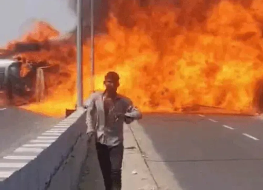 नेशनल हाईवे-48 पर तेल टैंकर पलटा, भीषण आग से मचा हड़कंप: 200 मीटर तक फैली लपटें, एक जिंदा जला