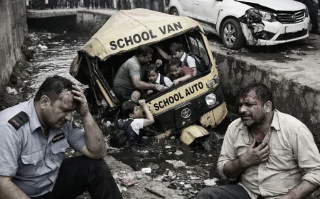 स्कूल का ऑटो नाले में गिरा, बच्चे थे सवार: तेज रफ्तार कार ने पीछे से मारी टक्कर, ड्राइवर घायल; सिक्योरिटी गार्ड को भी लगी चोट