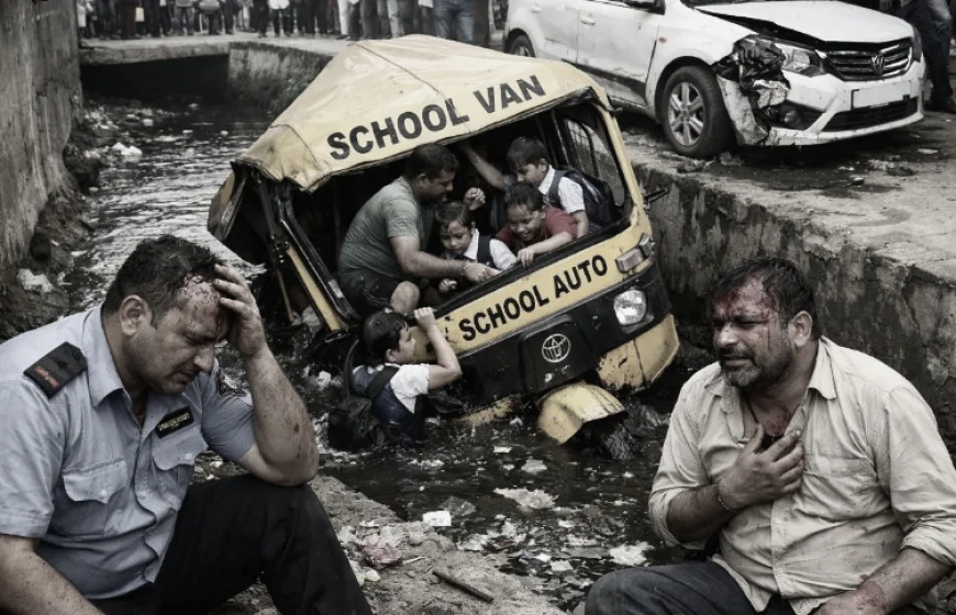 स्कूल का ऑटो नाले में गिरा, बच्चे थे सवार: तेज रफ्तार कार ने पीछे से मारी टक्कर, ड्राइवर घायल; सिक्योरिटी गार्ड को भी लगी चोट