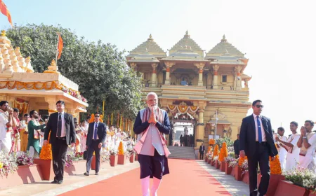 “सोमनाथ मंदिर के 75 साल पूरे, PM मोदी रोड शो से पहुंचे 11 तीर्थों के जल से शिखर अभिषेक, सूर्यकिरण टीम का भव्य एयर शो शुरू!”