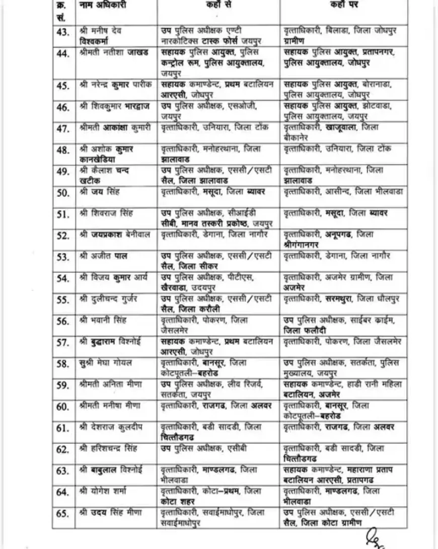 राजस्थान पुलिस में बड़ा फेरबदल: 141 आरपीएस अधिकारियों के तबादले, जयपुर कमिश्नरेट में कई बदलाव